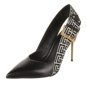 Black and White High Heeled Pumps with Geometric Pattern and Stiletto Heel